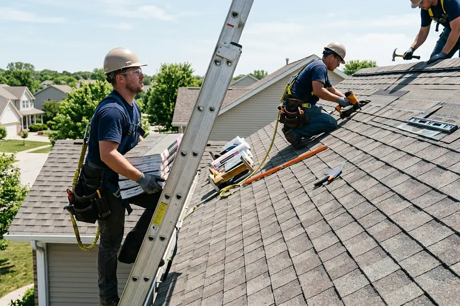 Beardman Building Services roofing crew installing architectural shingles in Clearwater Beach